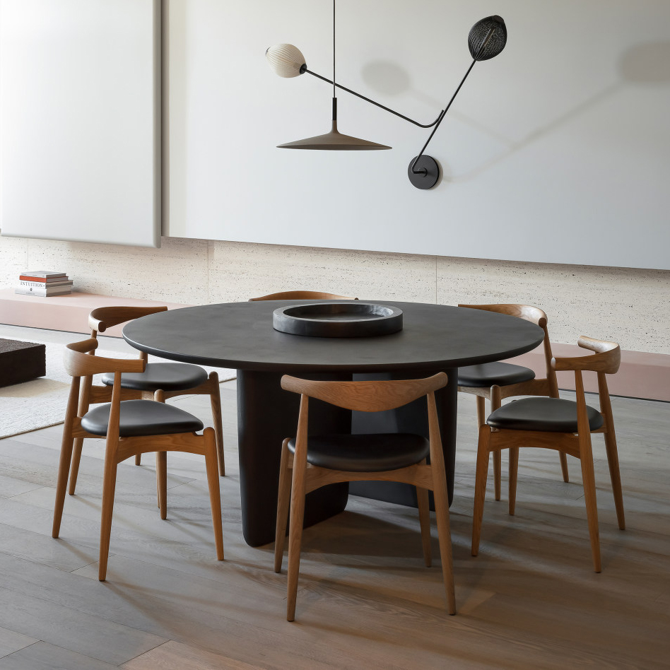 ﻿ Solid Wood Dining Table Set with Black Eiffel Chairs